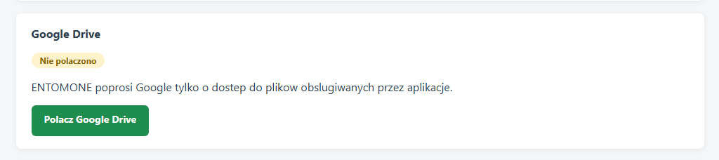 Sekcja Google Drive w Panelu uzytkownika z przyciskiem Polacz Google Drive