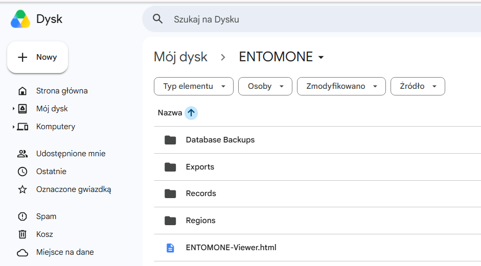 Plik ENTOMONE-Viewer.html w prywatnym folderze ENTOMONE na Google Drive użytkownika