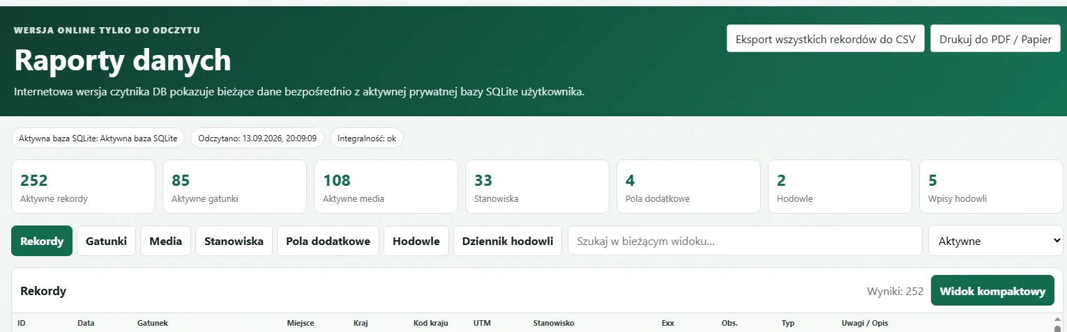 Widok online Raportów danych użytkownika z zakładkami, wyszukiwaniem i eksportem CSV