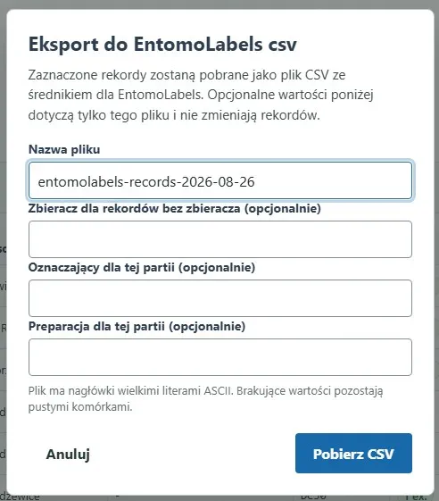 Okno eksportu CSV do EntomoLabels
