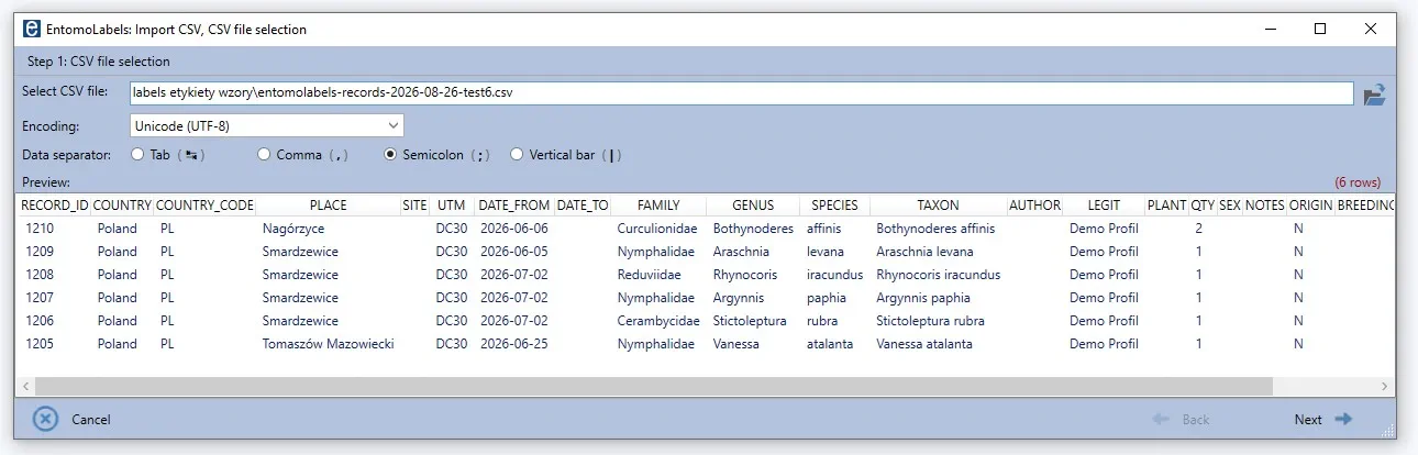 Wybór pliku, kodowania UTF-8 i separatora średnikowego w EntomoLabels