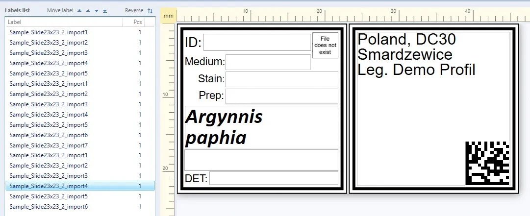 Podgląd etykiet utworzonych z danych ENTOMONE