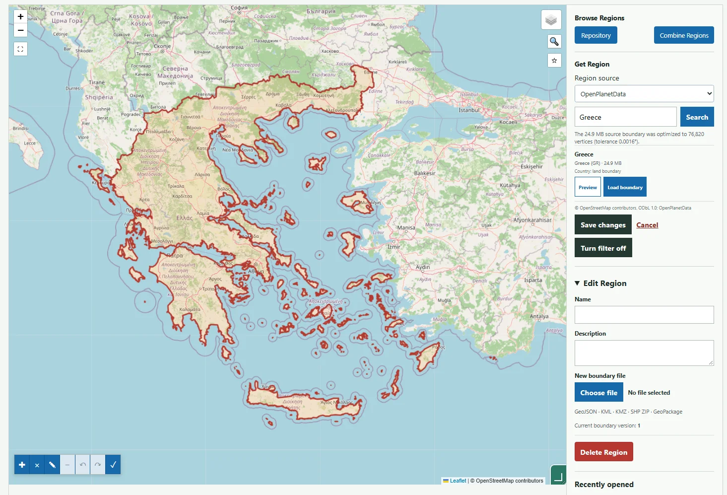 Grecja z OpenPlanetData: osobne granice lądowe wzdłuż wybrzeży i wysp