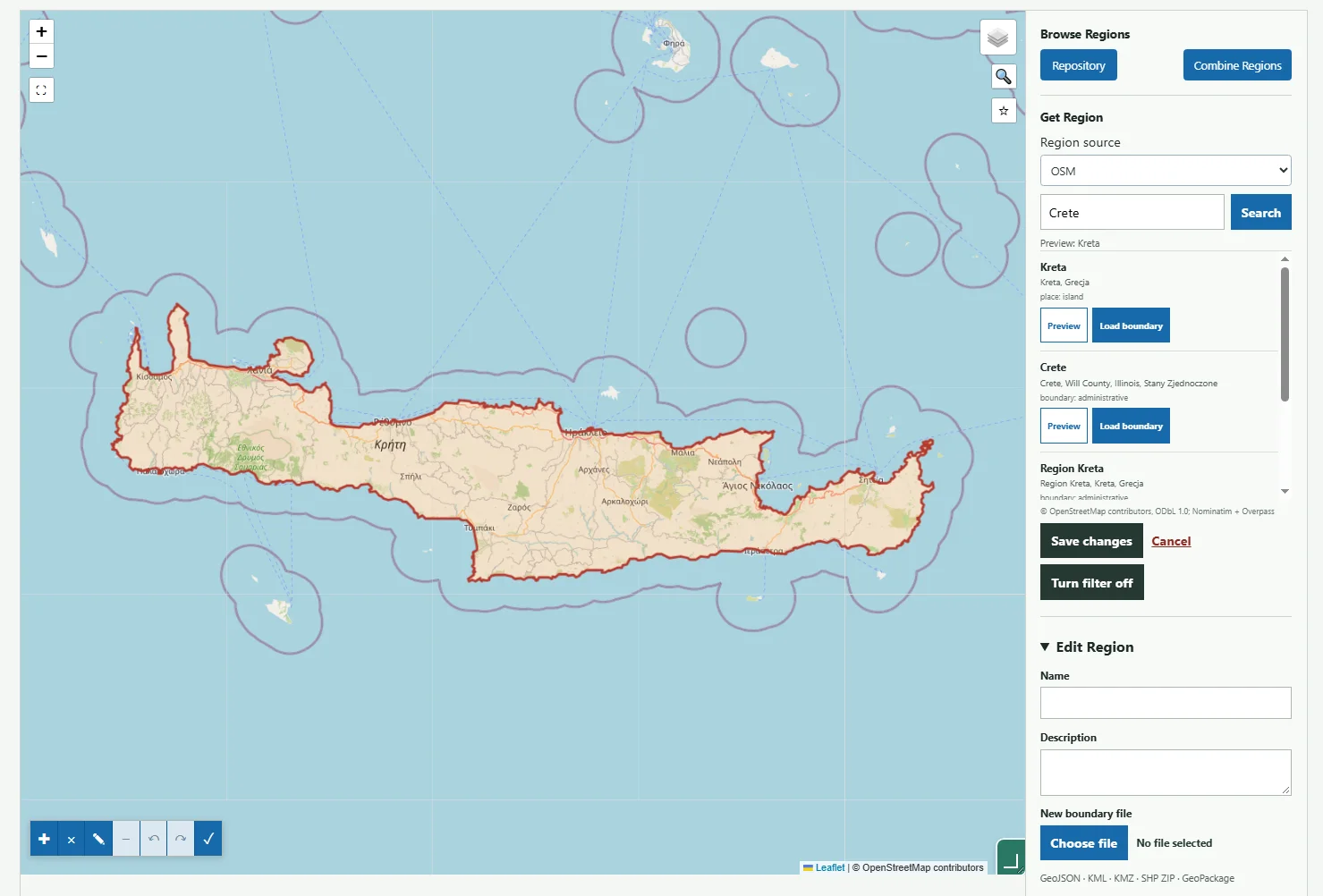 Kreta z OSM: szczegółowy kontur biegnący wzdłuż linii brzegowej głównej wyspy