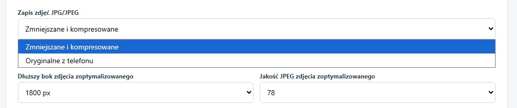 Ustawienia zapisu zdjęć JPG/JPEG: wybór zmniejszania albo oryginalnego pliku z telefonu